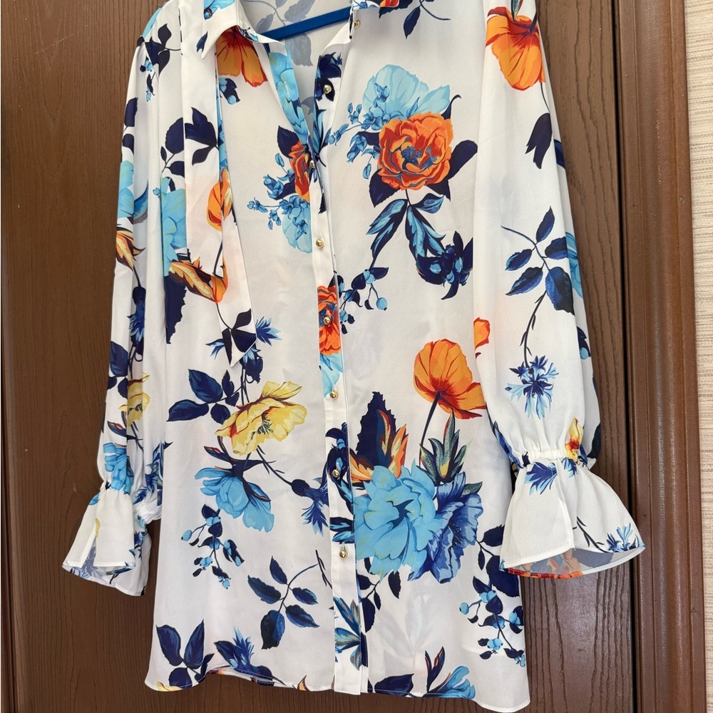 IMAN white blouse with Blue and Orange flowers NWOT - Picture 7 of 7